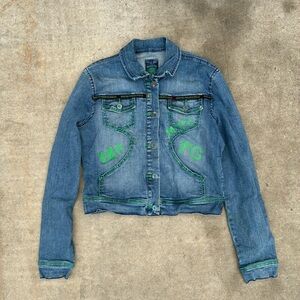 Marithe Francois Girbaud Blue Denim Jacket with Green Accents